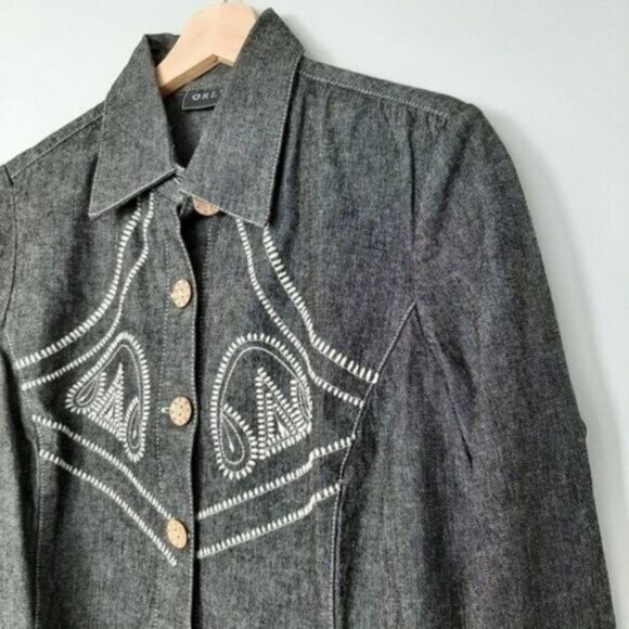 ORLY Denim 3/4 Utility Sleeve Jean Embroidery Button Down Shacket Sz 6 - Picture 5 of 13